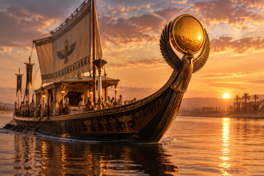 A majestic Nile barge with a gilded sun disk prow sailing at dusk on calm waters.