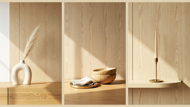Minimalist home decor featuring wooden bowls, dried pampas grass, and a taper candle on shelves