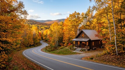 Fototapeta premium A picturesque wooden cabin sits nestled beside a winding asphalt road surrounded by vibrant autumn foliage