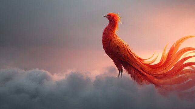 phoenix. Majestic phoenix with fiery plumage rising from grey ashes at dawn. event programs, museum guides, designed for cultural heritage projects and event programs.