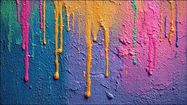 smudge. Abstract wall with vibrant paint drips and splatters, showcasing creativity and artistic expression. event programs, museum guides, designed for cultural heritage projects and event programs.
