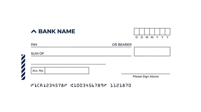 Blank bank check layout template with secure MICR routing numbers on white background