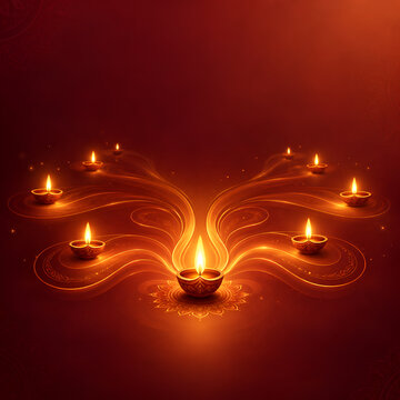 ​Happy diwali wali greeting template with multiple illuminated oil lamps and glowing swirls on a deep red canvas