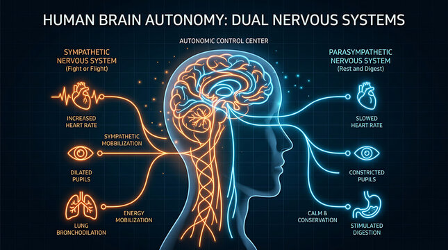 Educational diagram of the human autonomic nervous system illustrating sympathetic and parasympathetic functions
