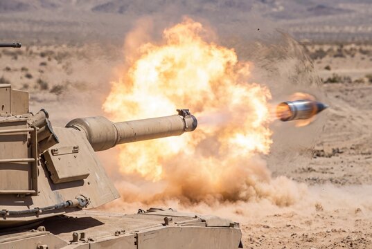 A powerful tank unleashes a fiery explosion as it fires a projectile in a dynamic desert landscape, capturing a moment of intense military action.
