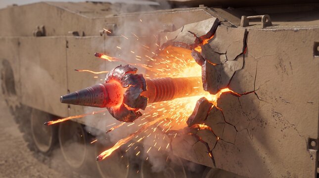 A powerful kinetic energy penetrator projectile bursts through the armored plating of a tank, creating a spectacular explosion of sparks, debris, and intense heat.