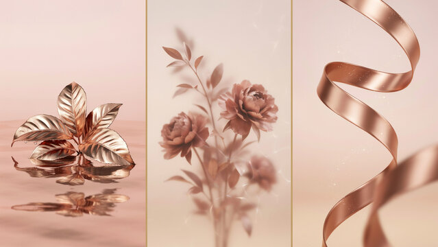 Rose gold metallic plant leaves, flowers, and flowing ribbons on a soft neutral background