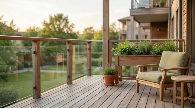 Elderly Care Supporting Independent Living for an Aging Population, Cozy wooden balcony with glass railing overlooking a green garden at sunset.
