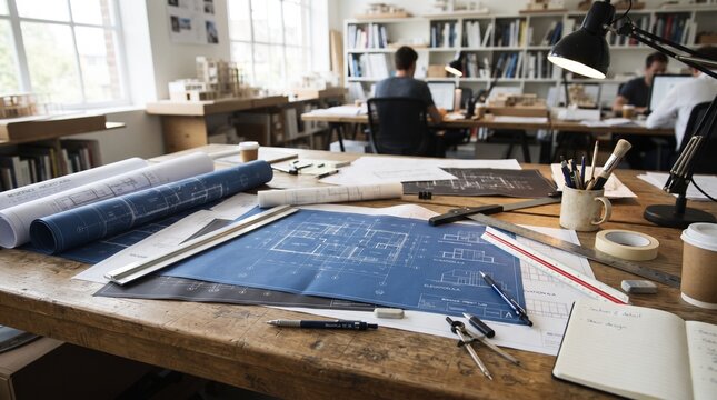 Architectural blueprints and drafting tools spread across a wooden desk in a professional studio office with brightly lit professional arranged wooden table