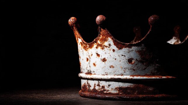 grime. White crown half-covered in rust and grime on a dark surface. event programs, museum guides, designed for cultural heritage projects and event programs, used by SEO specialists.