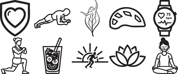 Obraz premium Healthy living and fitness line art icons including yoga nutrition and exercise with exercise wellness training nutrition