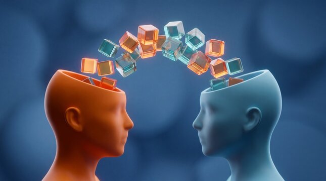 Two human heads facing each other with glowing glass cubes flowing between them on blue with representing transfer knowledge exchange glowing translucent