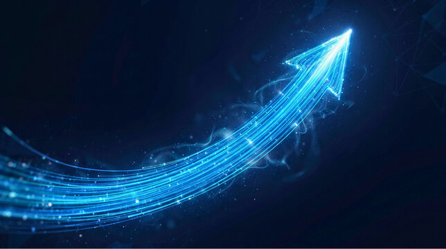 Abstract glowing blue arrow made of digital particles pointing upwards with upward trend