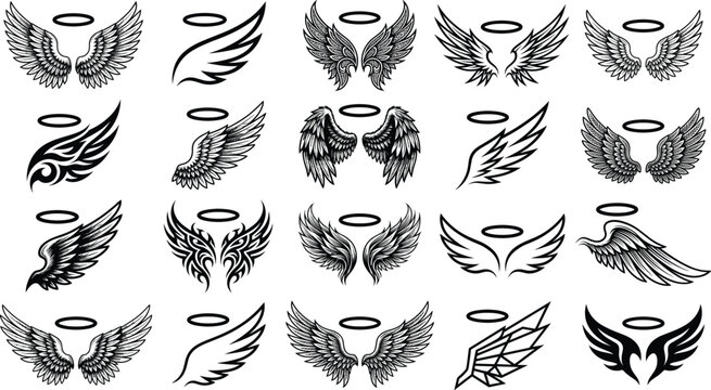 Set of angel wings with halo vector illustrations in tribal, realistic, and geometric design styles