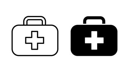 Medical first aid kit icon set featuring line and solid black designs for healthcare and safety. © Iqrabatool
