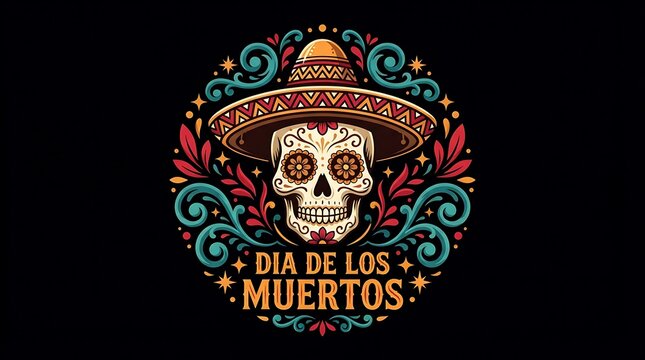 Decorative sugar skull wearing a traditional sombrero hat with ornate floral patterns on black background