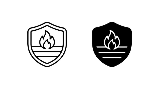 Fire shield icon set with flame and heat protection symbols for safety and security design.