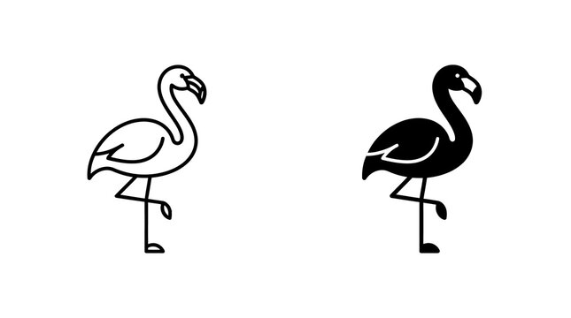 Standing flamingo bird in profile view black vector icon set with outline and filled style.