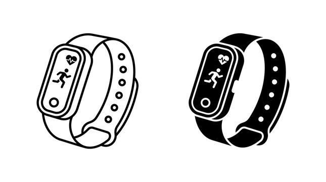 Fitness tracker wristband with heart rate sensor screen black vector icon set.