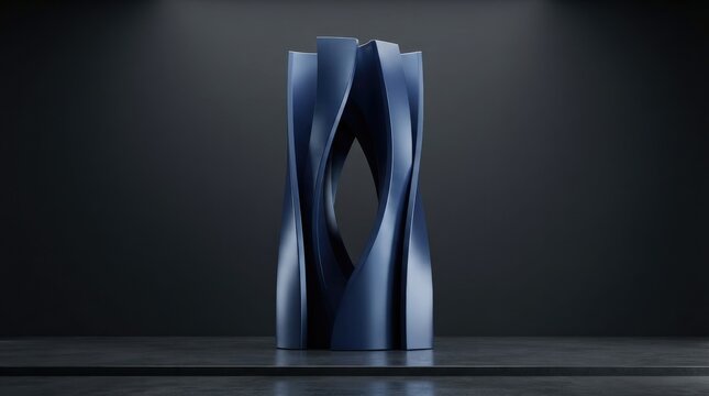 Tall blue sculptural pillar with twisted organic curves and a central void, standing on a dark concrete surface against a dark wall, 3d