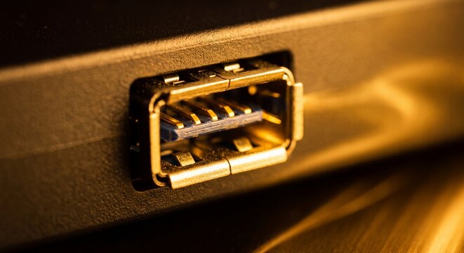 Macro view of a metallic universal serial bus port on a black electronic device casing with embedded within textured black plastic surface under warm lighting