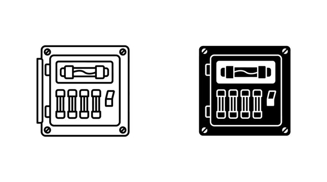 Electrical fuse box icons with switch and circuit breaker components for industrial power management diagrams.