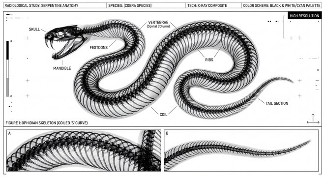 Radiological study of a coiled snake skeleton showing detailed anatomical with anatomical labels technical data clean background ray composite snake