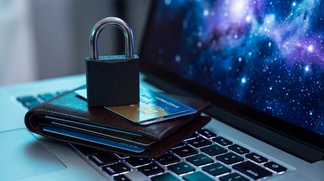 A closed metal padlock resting on a leather wallet with credit cards on a laptop keyboard with placed illuminated keyboard padlock sits top with transaction