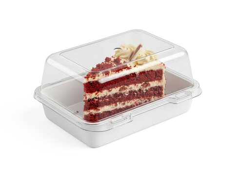 Red velvet cake slice, clear plastic container, takeaway dessert
