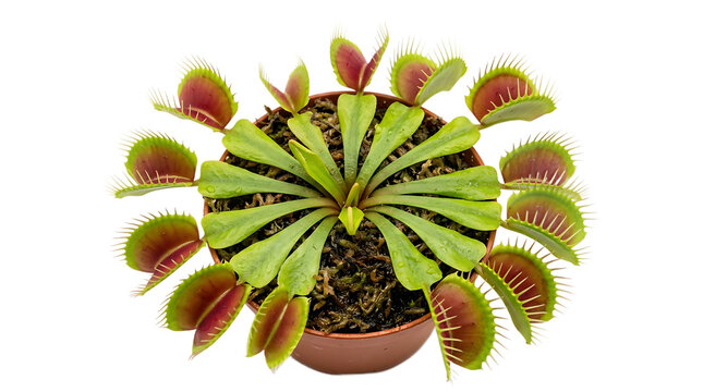 Top view of a potted venus flytrap plant isolated on transparent background