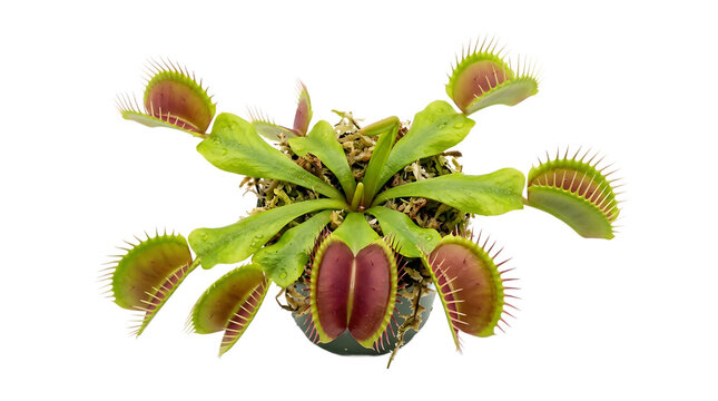 A vibrant green and red venus flytrap plant isolated on transparent background