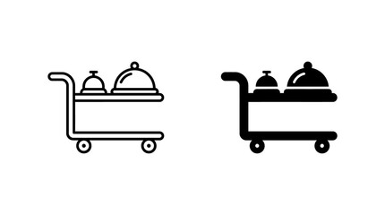 Hotel room service cart icons with serving tray and bell in outline and solid black styles for hospitality digital interface. © Iqrabatool