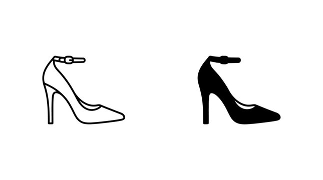 High heel shoe with ankle strap icon set in outline and solid black style.
