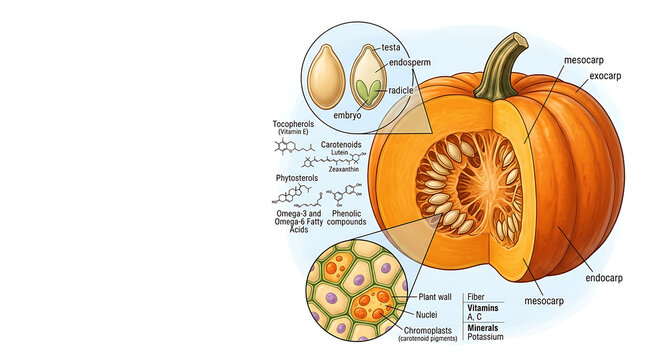 Detailed Educational Diagram of Pumpkin Fruit Anatomy showing Cross Section, Seeds, Rind and Internal Structure