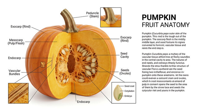Pumpkin fruit anatomy cross section showing seed structure cellular morphology and phytochemistry infographic