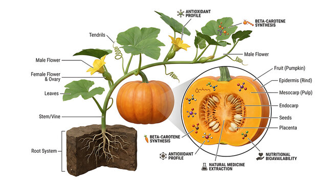 Educational Botanical Diagram of Pumpkin Plant Structure Showing Growth Stages and Internal Fruit Anatomy with Nutrients