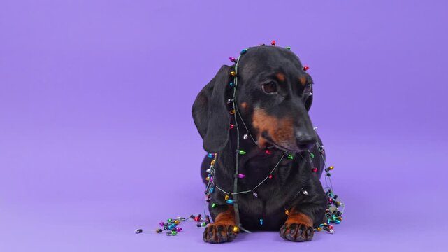 A black and tan dachshund dog lies calmly wrapped in a string of multicolored festive bulbs against a purple studio backdrop, tilting its head slightly, a playful concept of holiday decoration mishap.