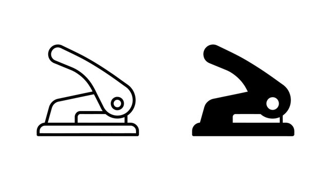 Paper hole puncher icon set with black silhouette and outline for office supplies and documentation.