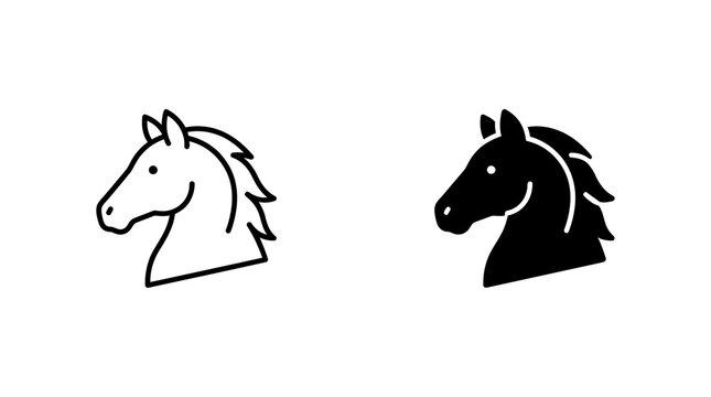 Horse head profile icons with linear and solid styles for animal and nature design projects.