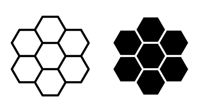 Honeycomb pattern icon set featuring black silhouette and outline geometric hexagonal cells.
