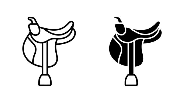 Horse riding saddle icons featuring linear and solid styles for equestrian sports equipment.