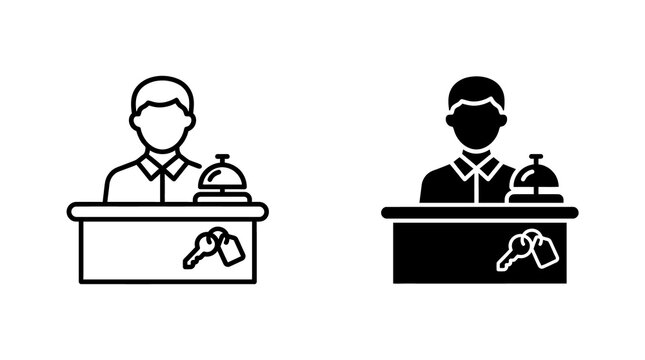 Hotel receptionist service desk icons with bell and keys for guest check in assistance.