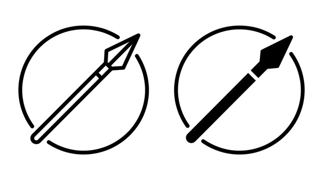 Spear weapon icons in circle frame with outline and solid black silhouette for historical warfare design.