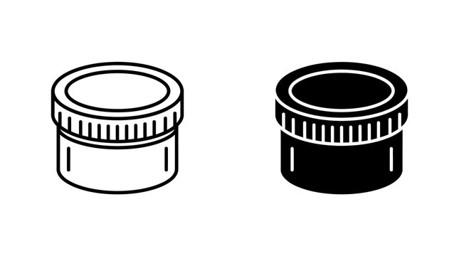 Cosmetic jar container icons with outline and solid black style for skincare beauty product design.