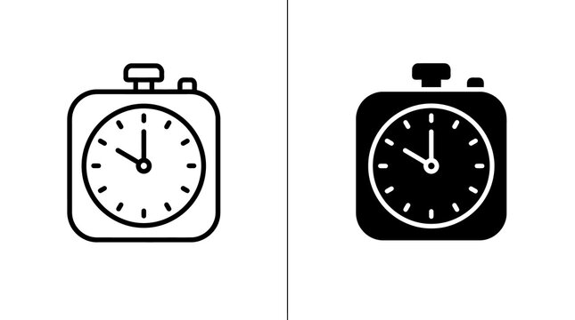 Square stopwatch timer clock black outline and solid icons for time tracking and sports management.