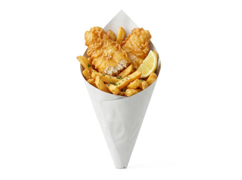 Fish and chips in paper cone, fried meal, takeaway food