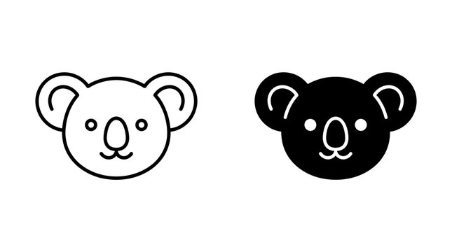 Koala head outline and solid icons for wildlife conservation and zoo graphic designs.
