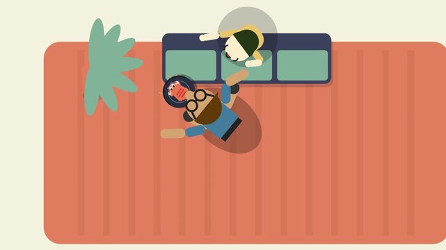 2D animation top down view of a woman sitting on a sofa while a girl with glasses and a head covering dances on a red carpet