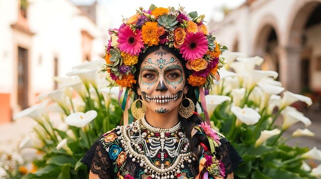 Woman with traditional skull face paint and floral crown standing in front of white lilies with during cultural celebration stands outdoors surrounded
