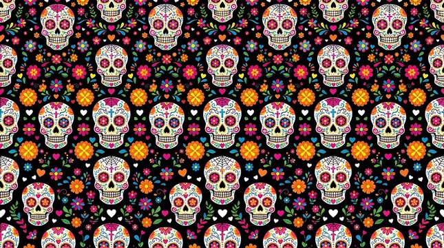 Colorful decorated sugar skulls arranged in a repeating pattern on a black background for a festive celebration